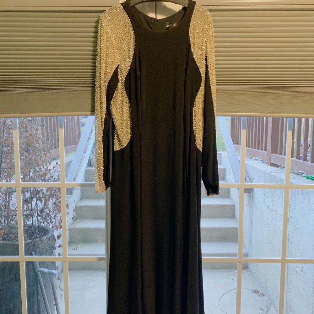 Aidan Mattox Black Evening Gown with Pearl-Embellished Sleeves